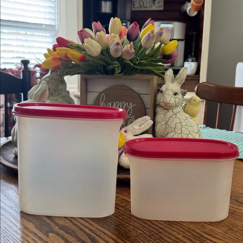 Vtg Set of 2 Tupperware Modular Mates Oval Container w/ Red Lid Seal